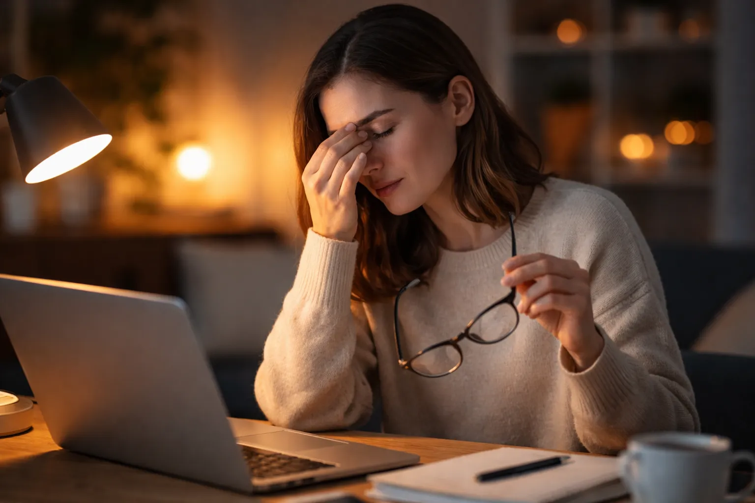 Vrouw wrijft in haar ogen bij warm bureau­licht tijdens werken op laptop