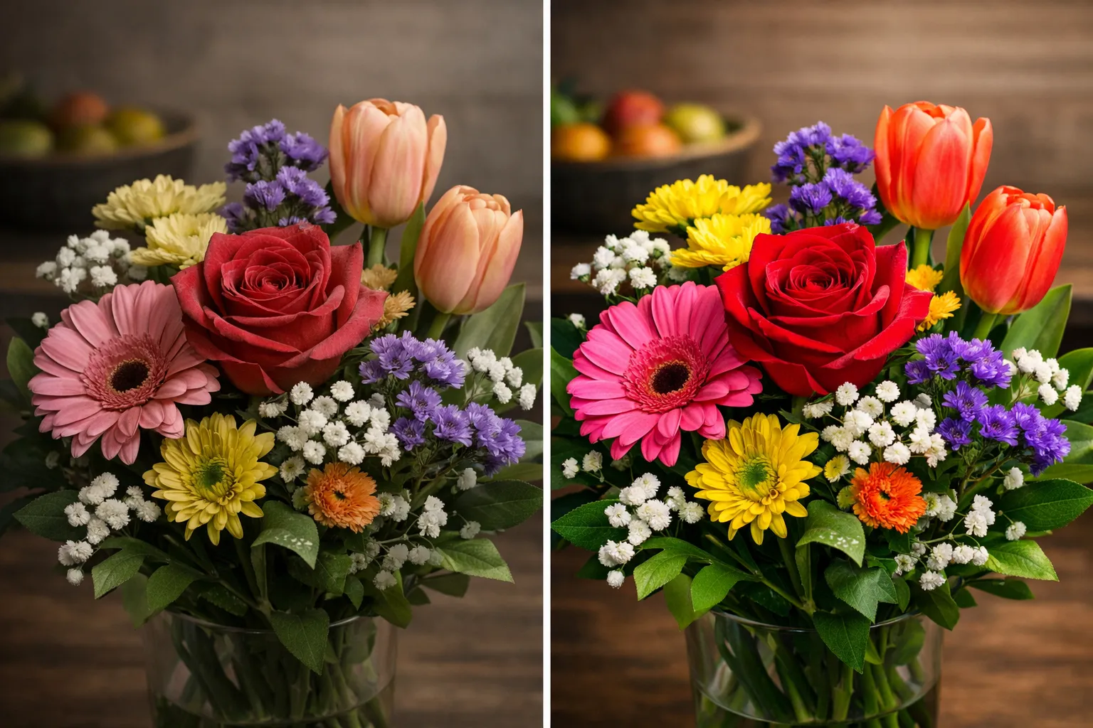 Vergelijking van een boeket onder CRI 80 en CRI 95 verlichting met zichtbaar verschil in kleurintensiteit.