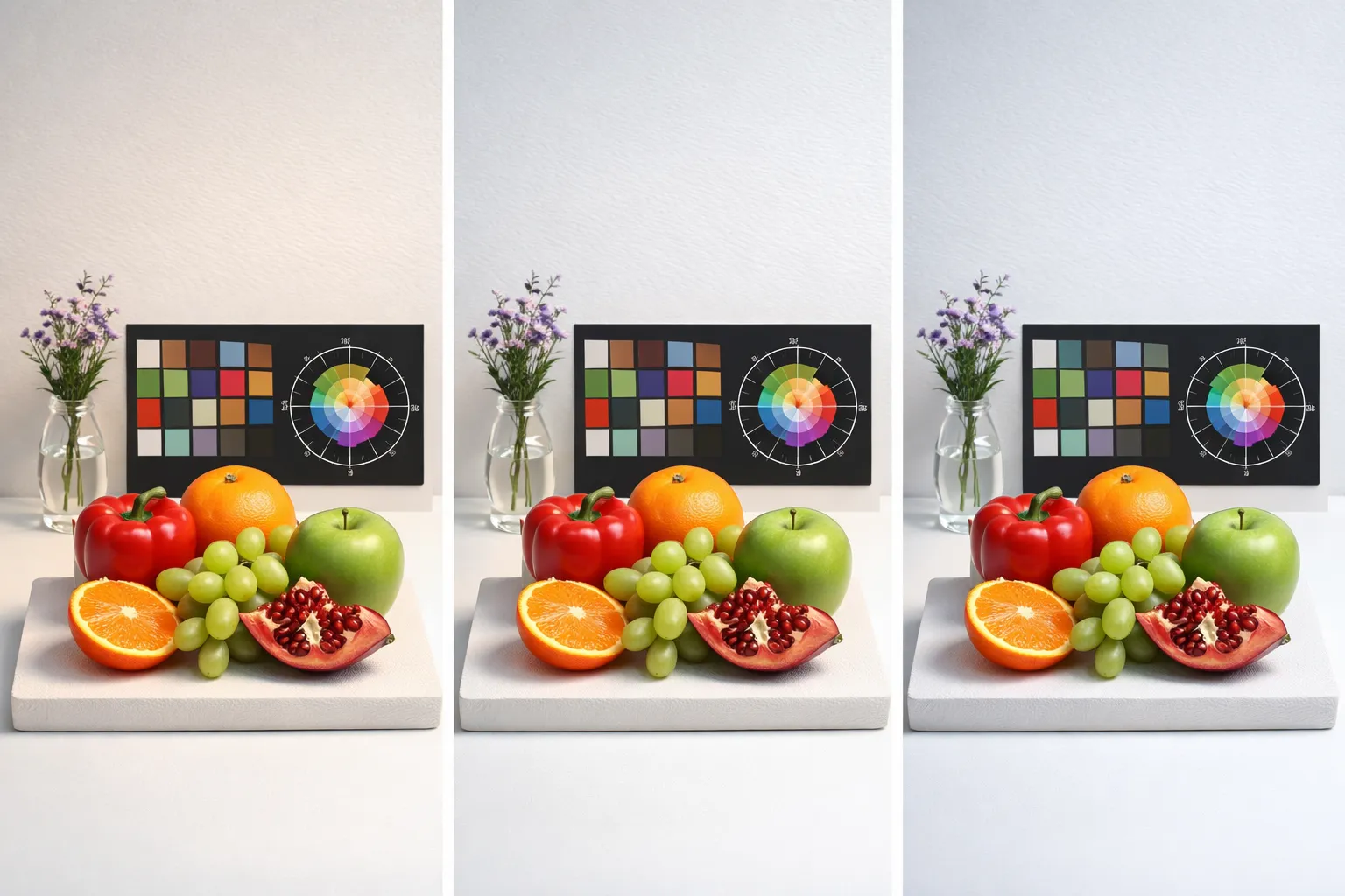 Vergelijking van fruit en kleurkaarten onder verschillende LED-lichtbronnen voor beoordeling van kleurweergave.