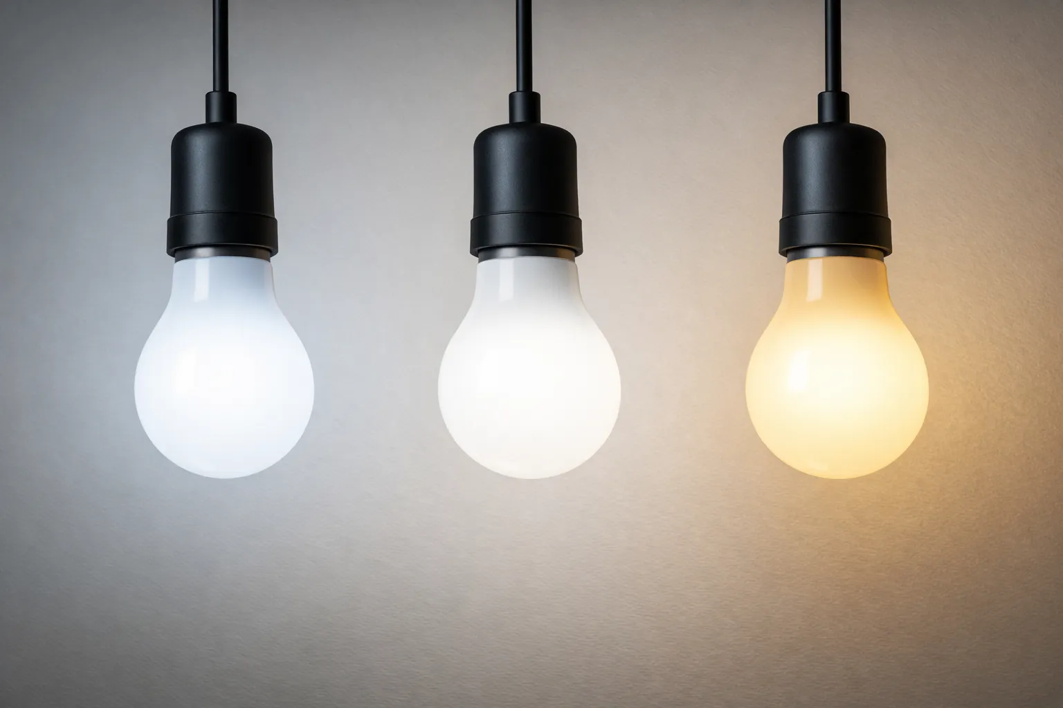 Drie moderne LED-lampen met licht subtiel kleurverschil boven een neutrale achtergrond.