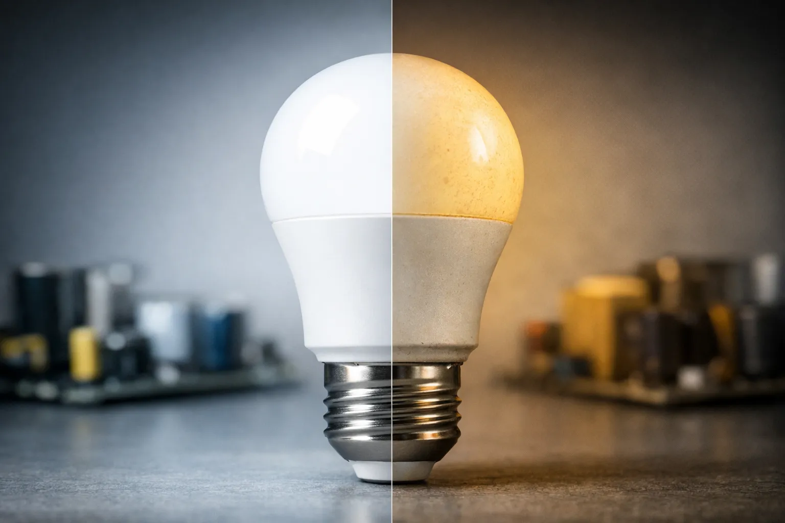 LED-lamp met zichtbaar kleurverschil in licht over tijd