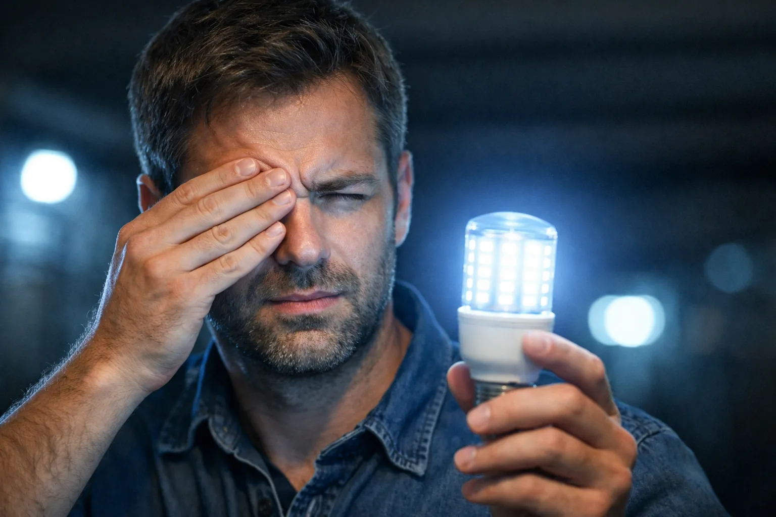 Man knijpt zijn ogen dicht terwijl hij in een felle LED-lamp kijkt