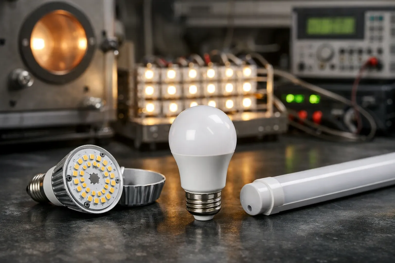 Close-up van een LED-module in een laboratorium tijdens levensduurtest met meetapparatuur op de achtergrond