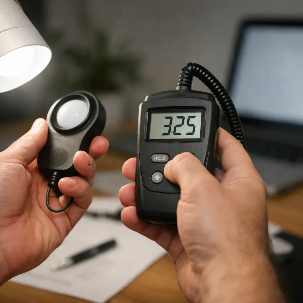 Persoon meet lichtsterkte met een digitale luxmeter onder een bureaulamp