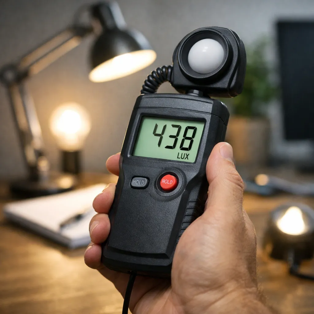 Hand met digitale luxmeter die lichtsterkte meet in een verlichte kamer.