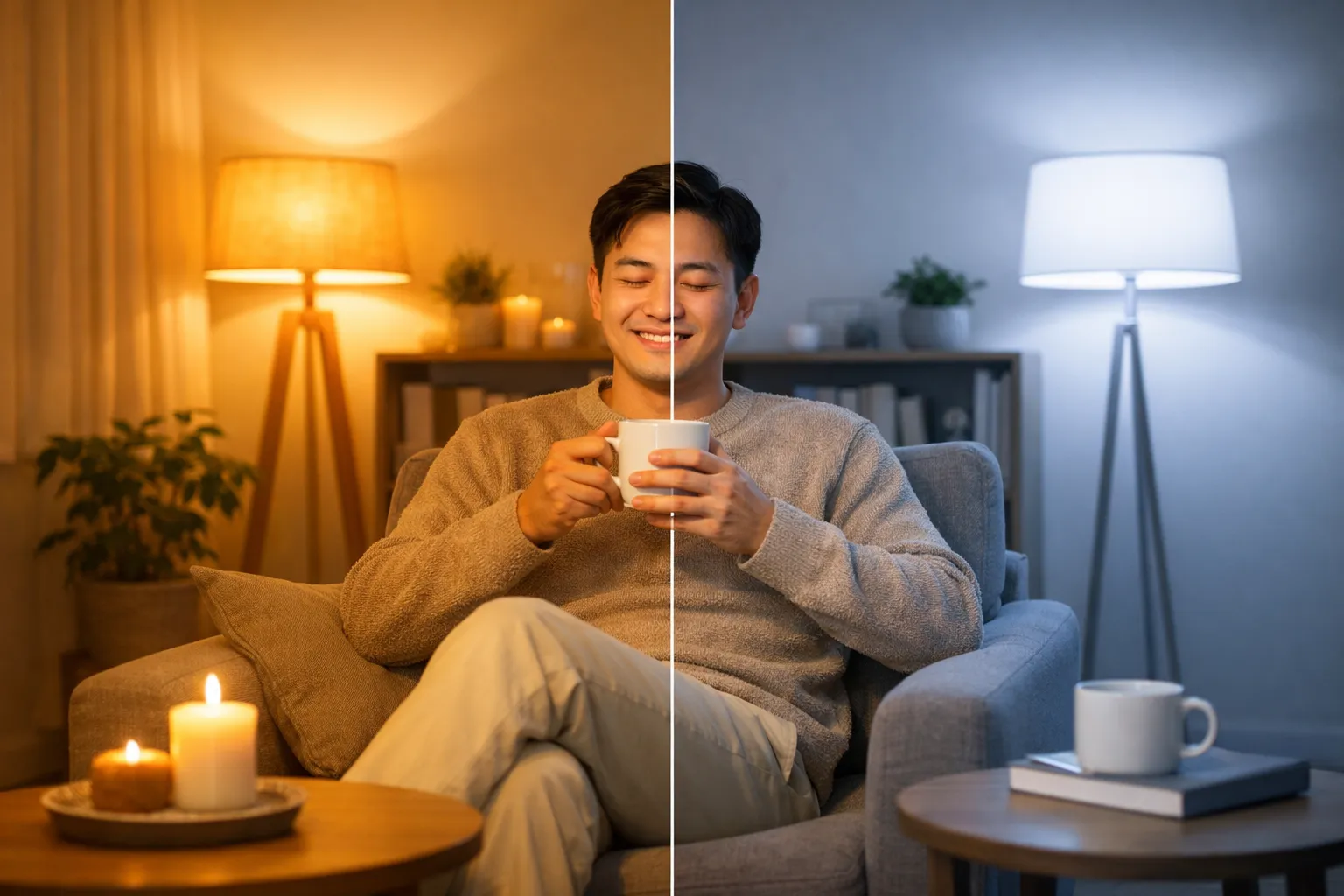 Vergelijking van warme en koele LED-verlichting in een moderne woonkamer