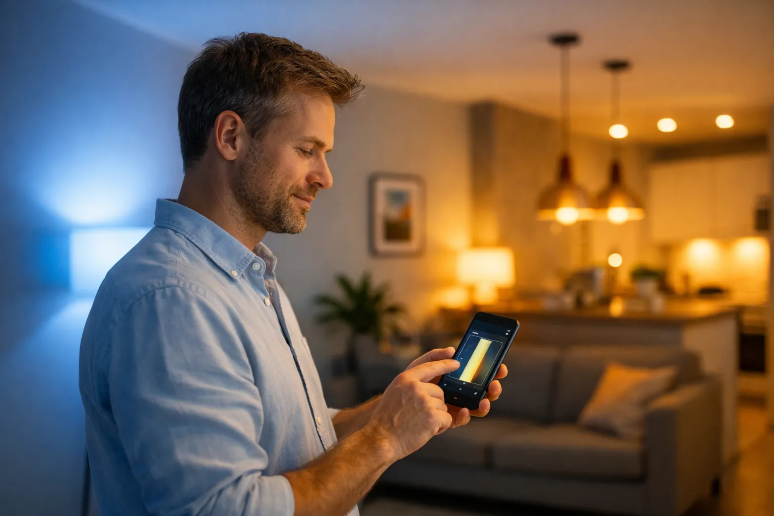 Man bedient slimme tunable white verlichting met smartphone in woonkamer