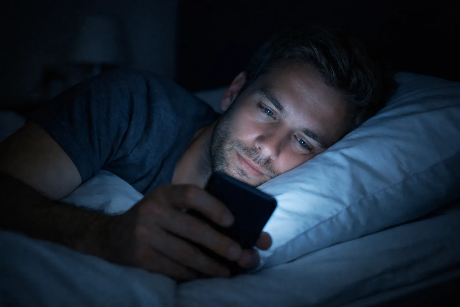 Man kijkt ’s avonds op smartphone in donkere slaapkamer met blauw licht op zijn gezicht.