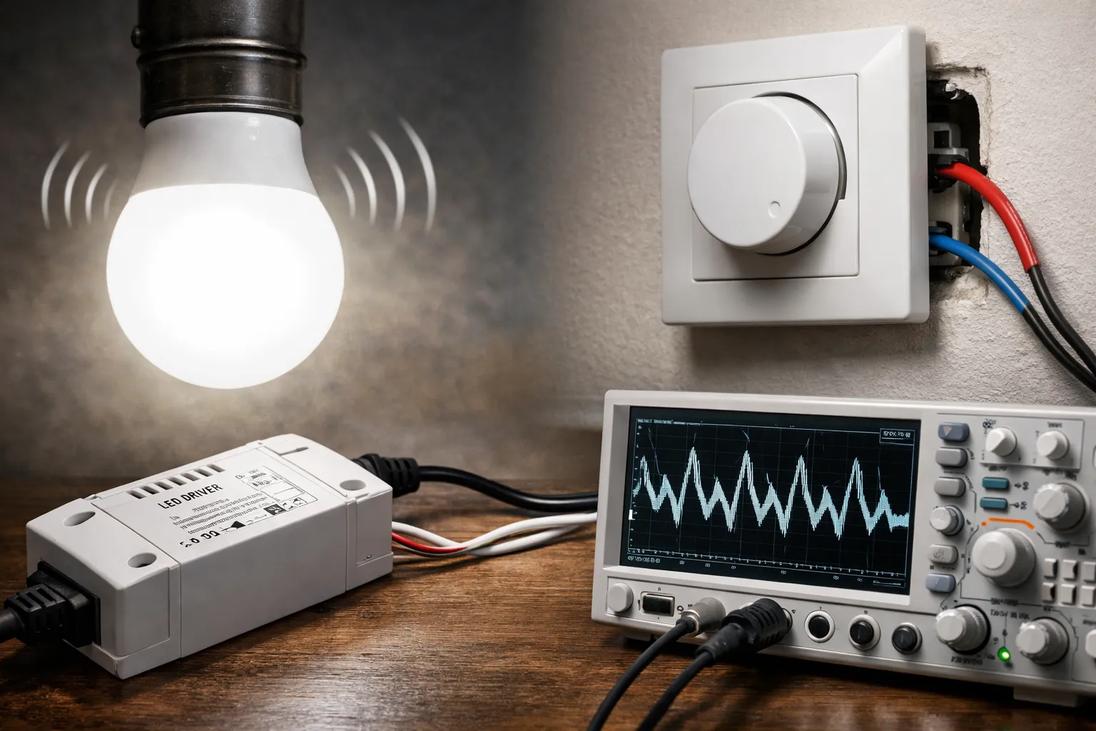 Brandende LED lamp met dimmer en driver die bromgeluid veroorzaakt