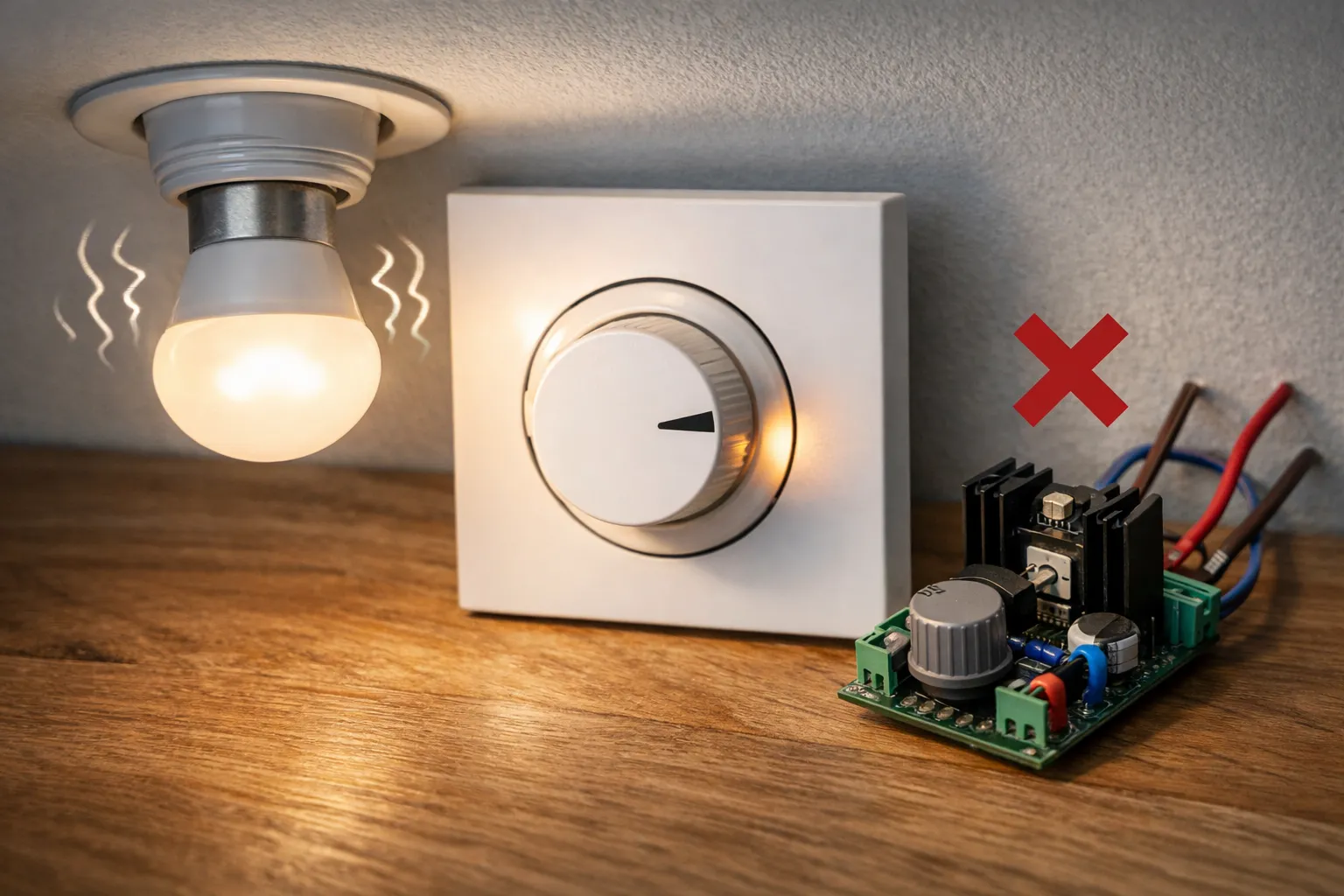 LED-lamp met dimmer en ongeschikte dimmodule op tafel
