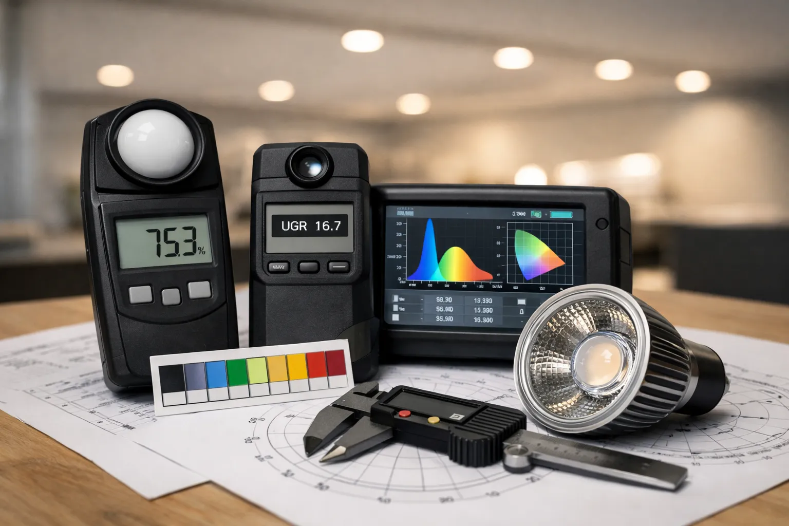 Meetapparatuur voor LED lichtkwaliteit met spectrumanalyse en UGR-meter