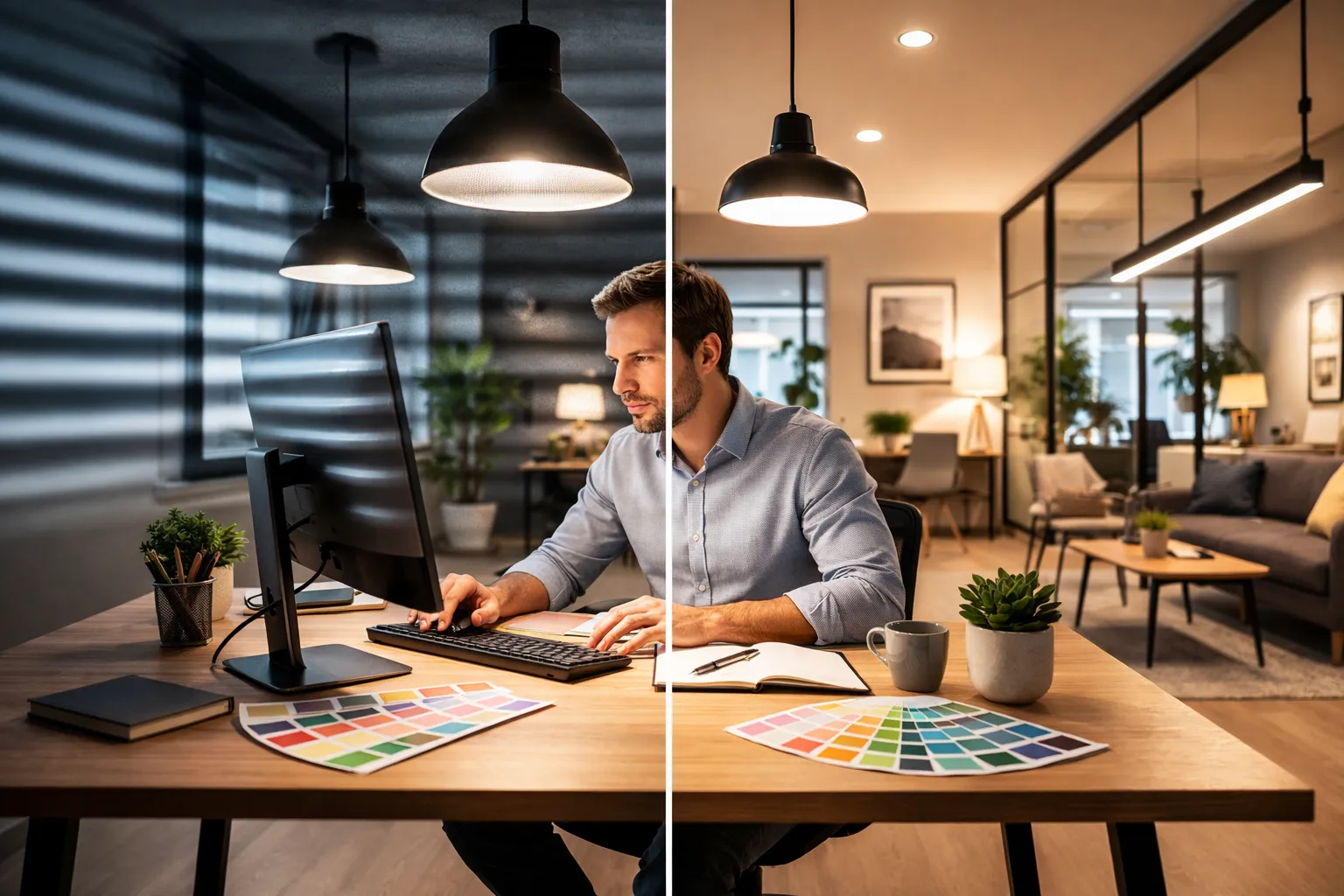 Moderne werkplek met contrast tussen slecht en goed LED-licht voor oogcomfort