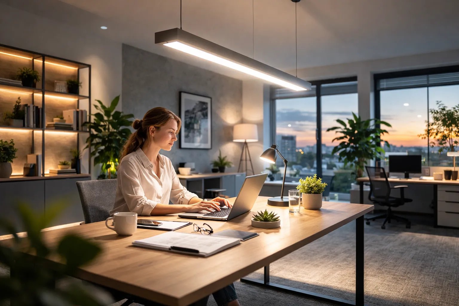 Moderne werkplek met rustige, gelijkmatige LED-verlichting en natuurlijk kleurbeeld