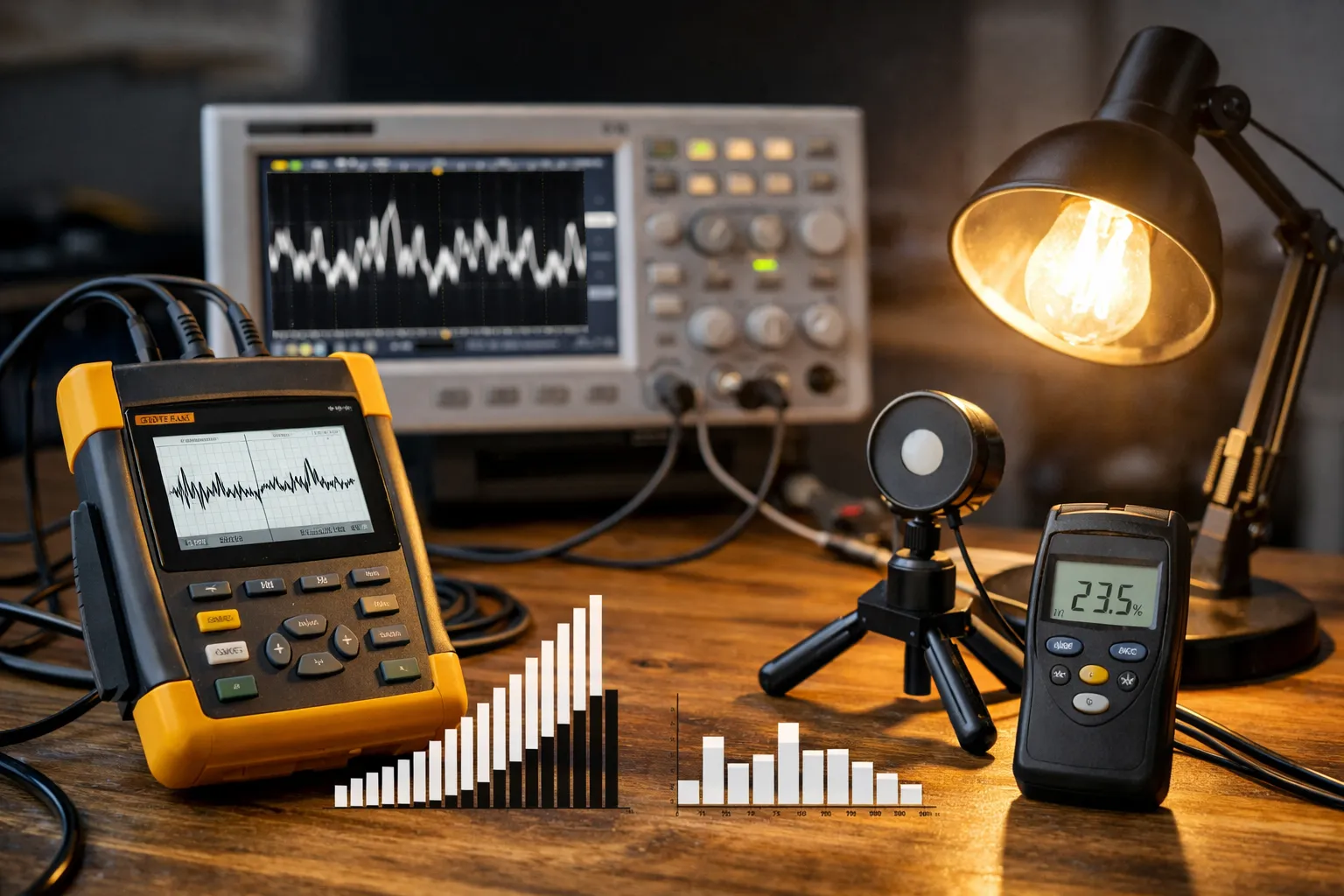 Meetapparatuur voor het analyseren van lichtflikkering bij een brandende lamp