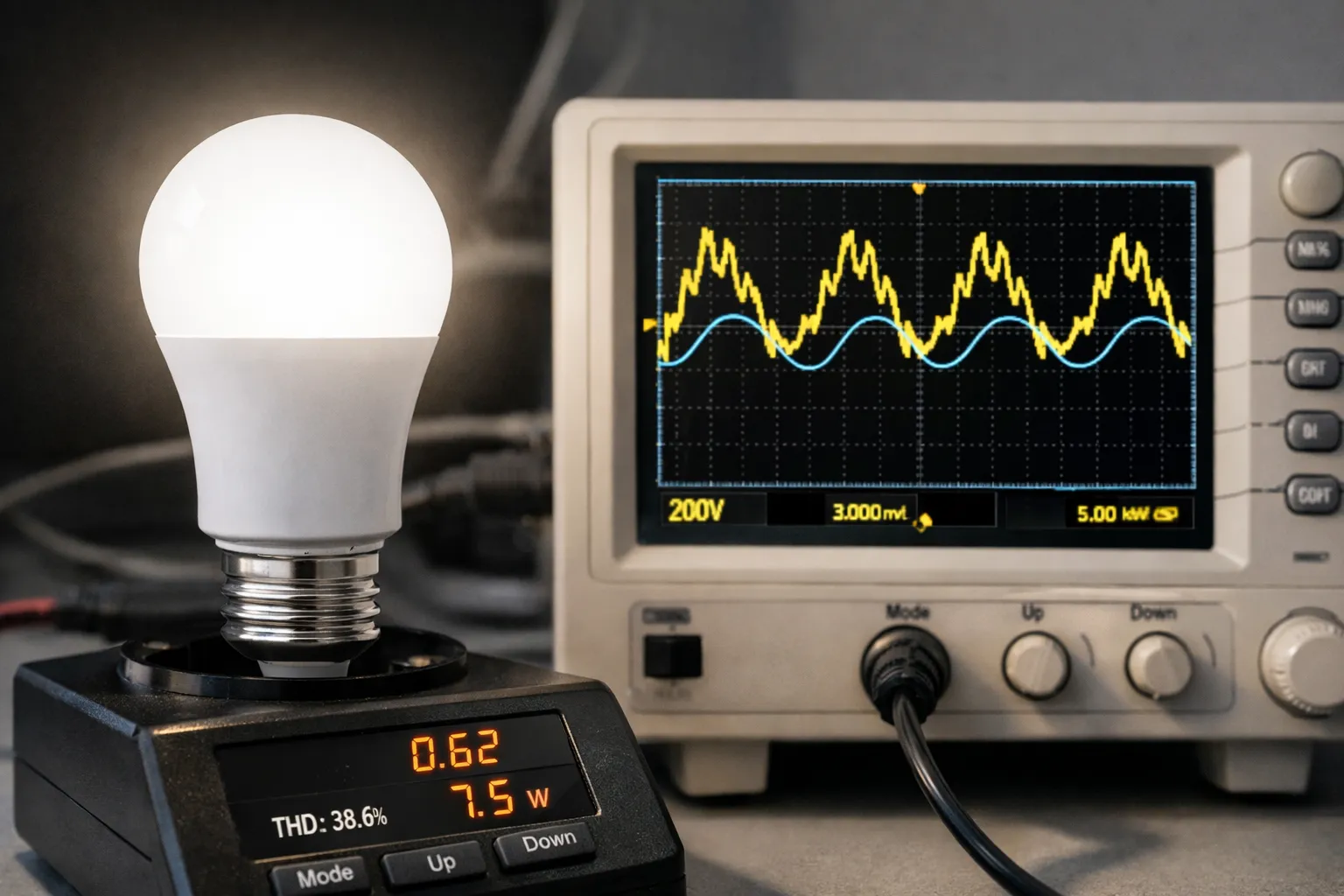 Realistische close-up van LED-driver met meetapparatuur voor netanalyse