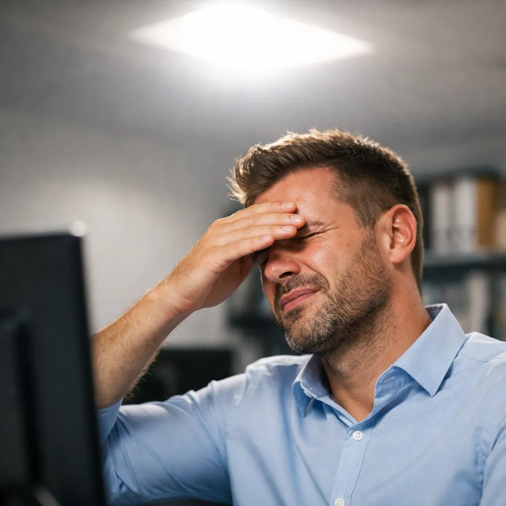 Kantoor met felle plafondverlichting die verblinding veroorzaakt op bureau en computerscherm.
